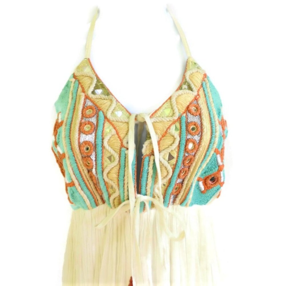 Raga Maxi Dress Cotton Gauze Rope Mirror Detail Embroidered Bodice Hem Border S - Picture 2 of 8